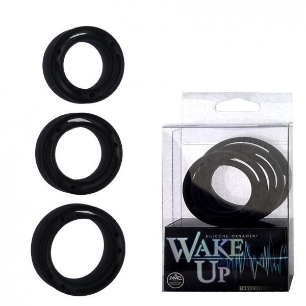 Wake Up Silicone Ornament Cockrings, 3 pcs (¯ 32-42 mm), Black