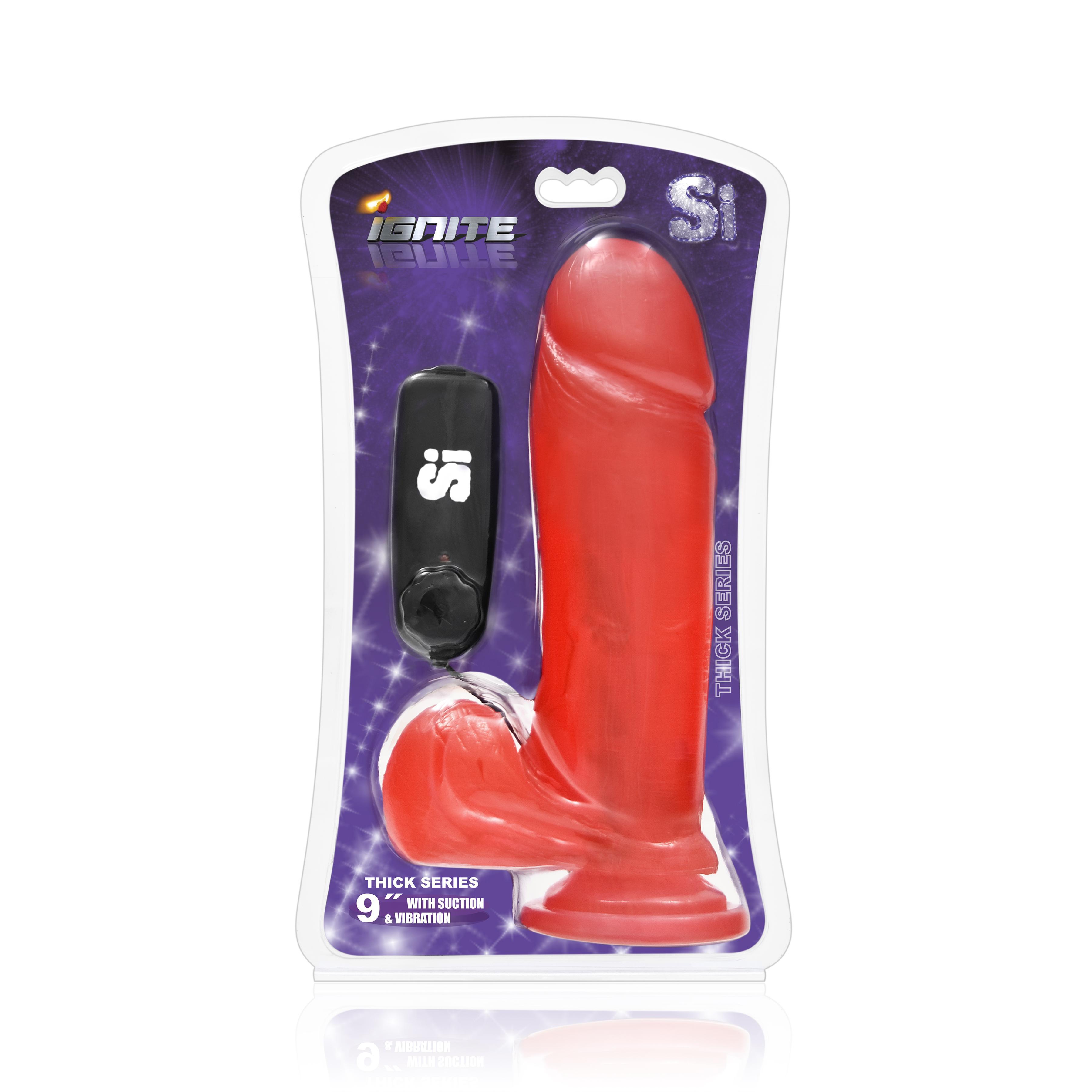 SI IGNITE Vibrating Thick Cock with Balls and Suction, Red, 23 cm